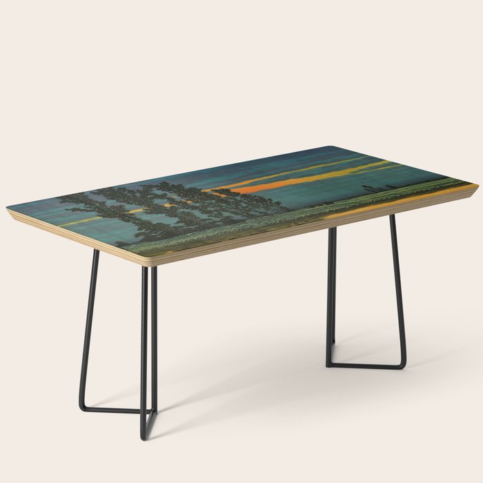 Sundown at Fuhin - Nightime Sunset and Trees by the Lake - Nature Ukiyo Landscape in Blue, Green & Orange Coffee Table Gallery Image 1