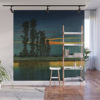 Sundown at Fuhin - Nightime Sunset and Trees by the Lake - Nature Ukiyo Landscape in Blue, Green & Orange Wall Mural Gallery Image 1