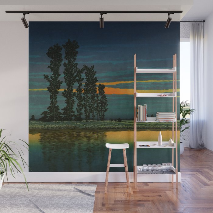 Sundown at Fuhin - Nightime Sunset and Trees by the Lake - Nature Ukiyo Landscape in Blue, Green & Orange Wall Mural Gallery Image 1