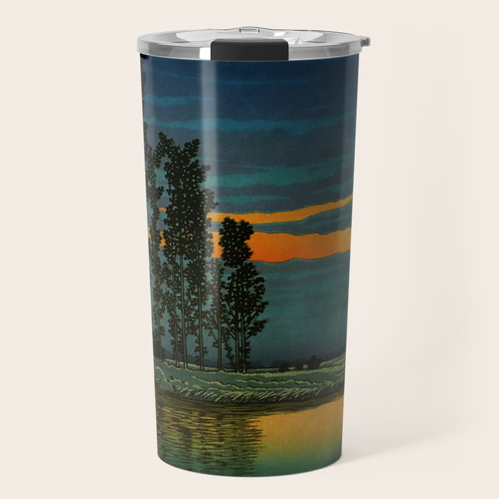 Sundown at Fuhin - Nightime Sunset and Trees by the Lake - Nature Ukiyo Landscape in Blue, Green & Orange Travel Mug Gallery Image 1