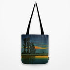 Sundown at Fuhin - Nightime Sunset and Trees by the Lake - Nature Ukiyo Landscape in Blue, Green & Orange Tote Bag Gallery Image 2