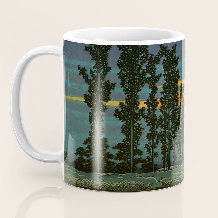 Sundown at Fuhin - Nightime Sunset and Trees by the Lake - Nature Ukiyo Landscape in Blue, Green & Orange Coffee Mug Gallery Image 3