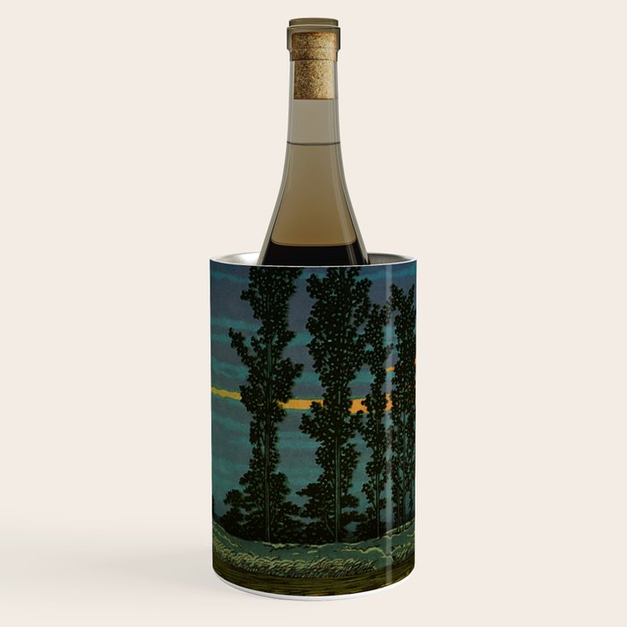 Sundown at Fuhin - Nightime Sunset and Trees by the Lake - Nature Ukiyo Landscape in Blue, Green & Orange Wine Chiller Gallery Image 2