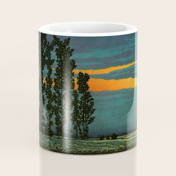 Sundown at Fuhin - Nightime Sunset and Trees by the Lake - Nature Ukiyo Landscape in Blue, Green & Orange Coffee Mug Gallery Image 4