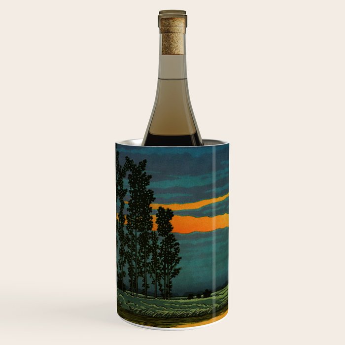 Sundown at Fuhin - Nightime Sunset and Trees by the Lake - Nature Ukiyo Landscape in Blue, Green & Orange Wine Chiller Gallery Image 1