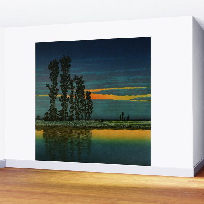 Sundown at Fuhin - Nightime Sunset and Trees by the Lake - Nature Ukiyo Landscape in Blue, Green & Orange Wall Mural Gallery Image 2