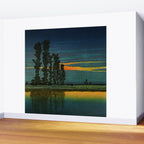 Sundown at Fuhin - Nightime Sunset and Trees by the Lake - Nature Ukiyo Landscape in Blue, Green & Orange Wall Mural Gallery Image 2