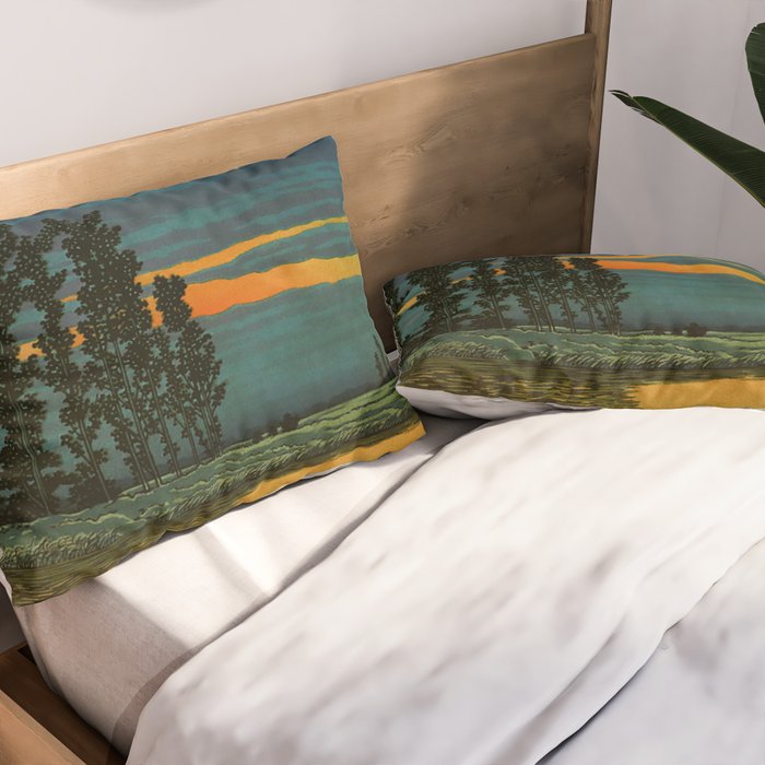 Sundown at Fuhin - Nightime Sunset and Trees by the Lake - Nature Ukiyo Landscape in Blue, Green & Orange Pillow Sham Gallery Image 2