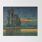 Sundown at Fuhin - Nightime Sunset and Trees by the Lake - Nature Ukiyo Landscape in Blue, Green & Orange Throw Blanket Gallery Image 2