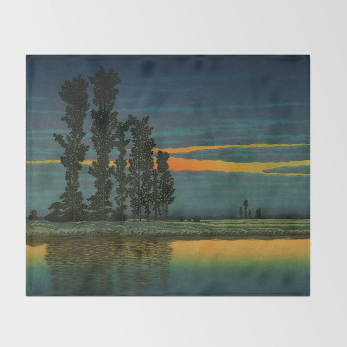 Sundown at Fuhin - Nightime Sunset and Trees by the Lake - Nature Ukiyo Landscape in Blue, Green & Orange Throw Blanket Gallery Image 2