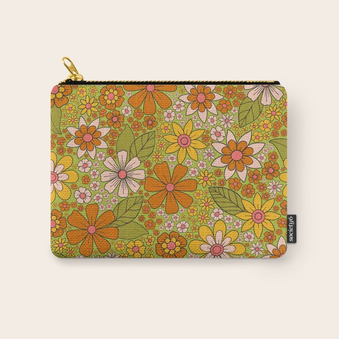 1960s, 1970s Retro Floral in Green, Pink & Orange - Flower Power Carry All Pouch Gallery Image 1