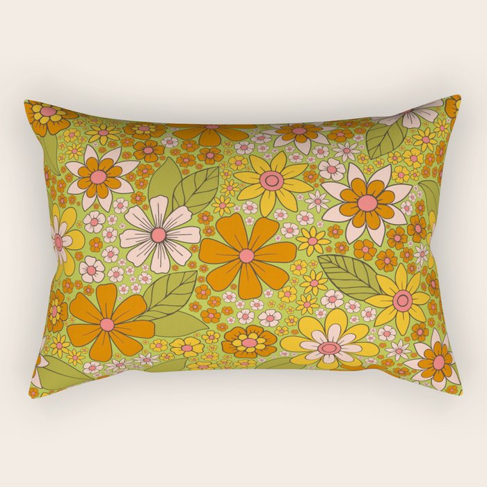 1960s, 1970s Retro Floral in Green, Pink & Orange - Flower Power Rectangular Pillow Gallery Image 2