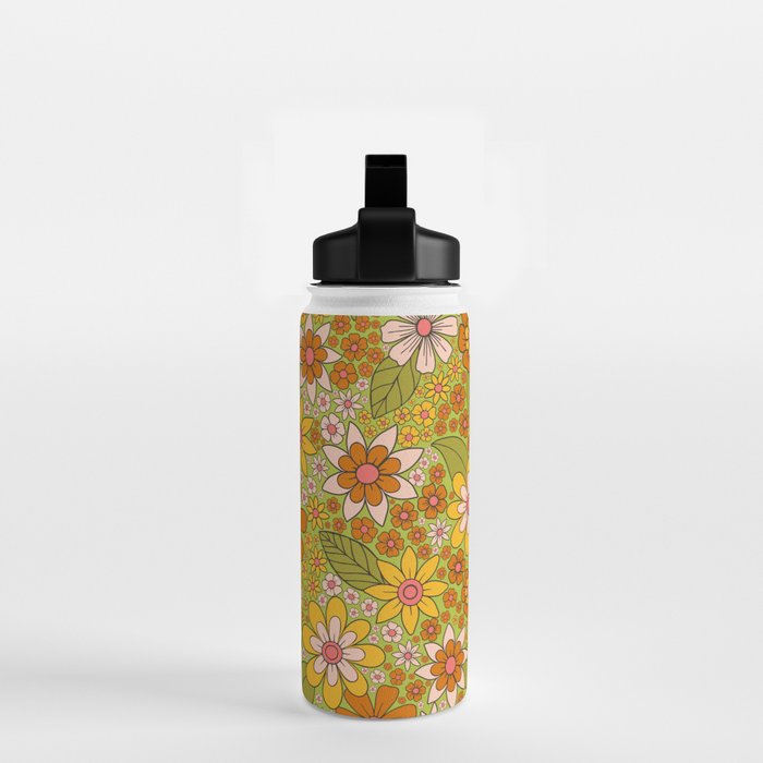 1960s, 1970s Retro Floral in Green, Pink & Orange - Flower Power Water Bottle Gallery Image 2