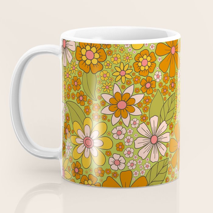 1960s, 1970s Retro Floral in Green, Pink & Orange - Flower Power Coffee Mug Gallery Image 3