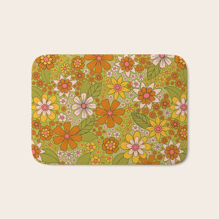 1960s, 1970s Retro Floral in Green, Pink & Orange - Flower Power Bath Mat Gallery Image 1