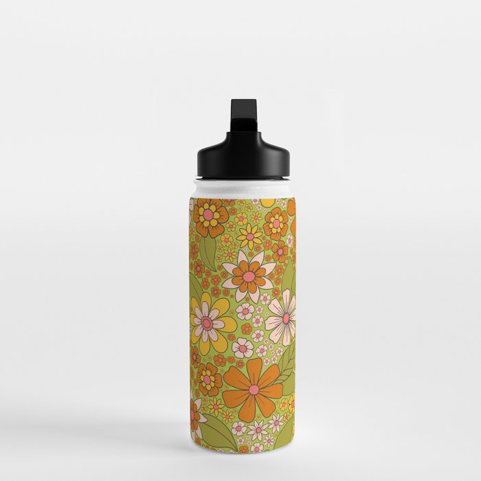 1960s, 1970s Retro Floral in Green, Pink & Orange - Flower Power Water Bottle Gallery Image 3