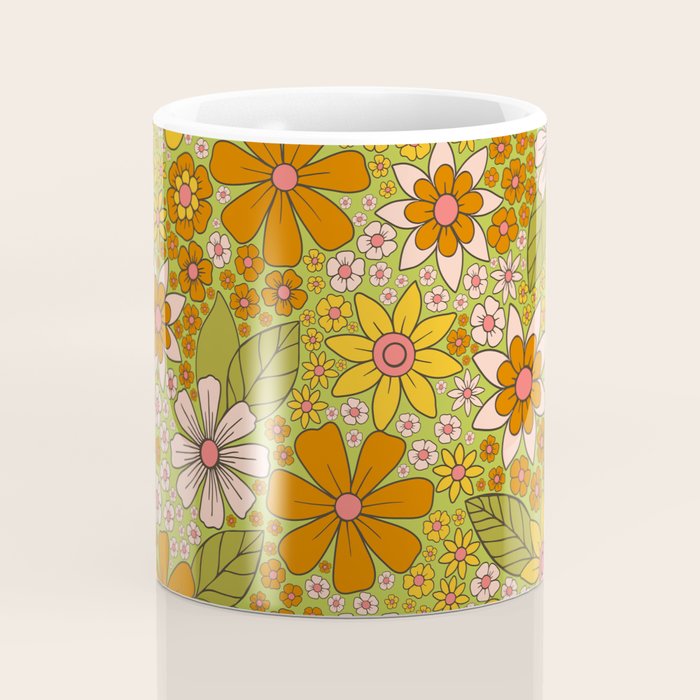 1960s, 1970s Retro Floral in Green, Pink & Orange - Flower Power Coffee Mug Gallery Image 4
