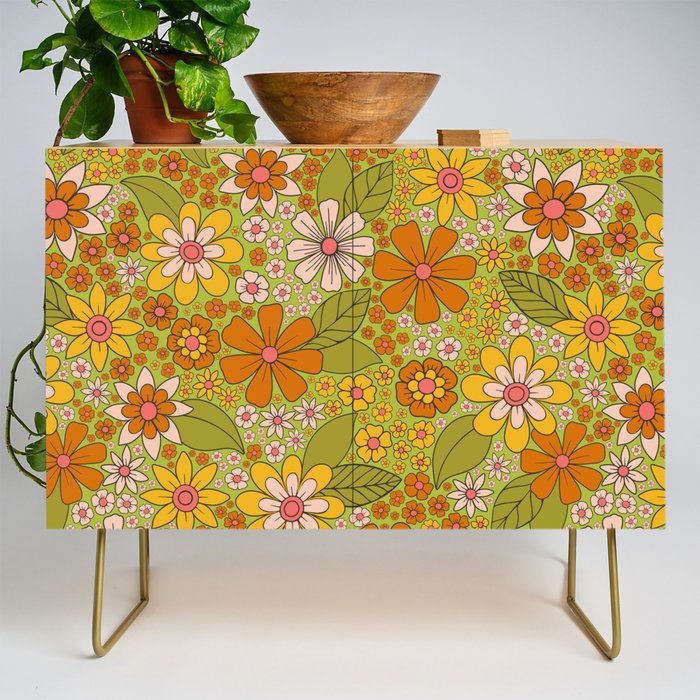 1960s, 1970s Retro Floral in Green, Pink & Orange - Flower Power Credenza Gallery Image 1
