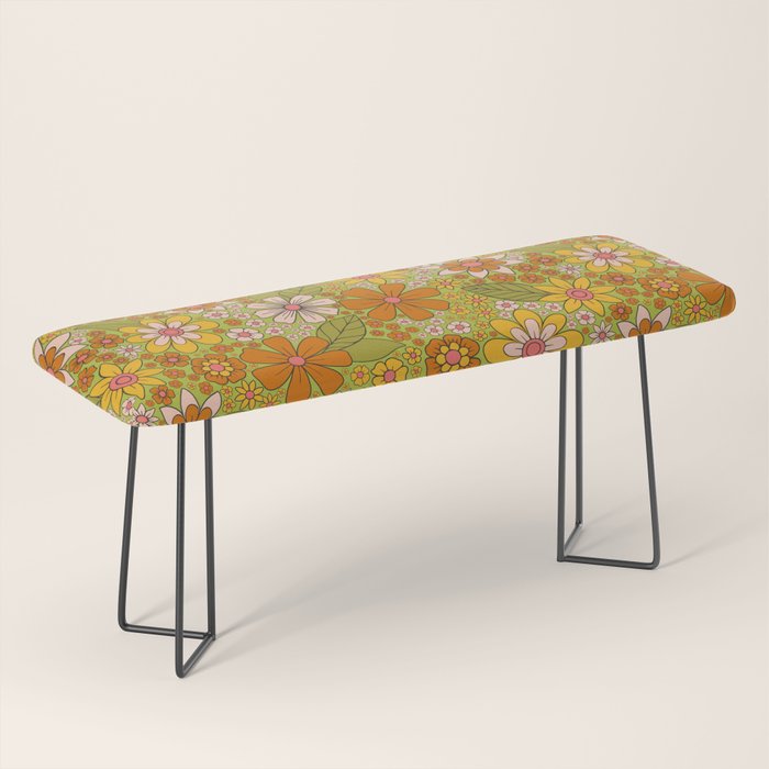 1960s, 1970s Retro Floral in Green, Pink & Orange - Flower Power Bench Gallery Image 1