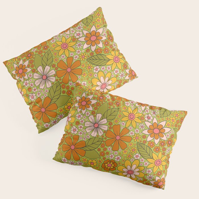 1960s, 1970s Retro Floral in Green, Pink & Orange - Flower Power Pillow Sham Gallery Image 3