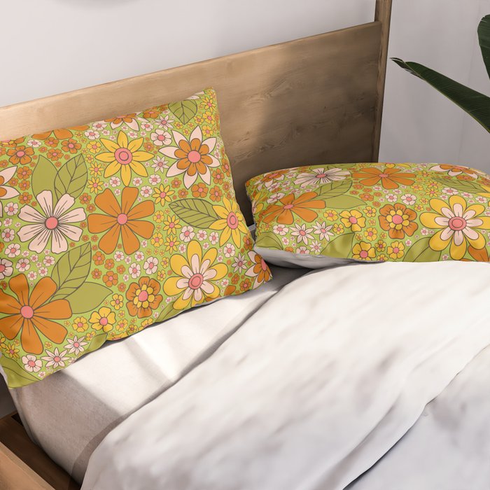 1960s, 1970s Retro Floral in Green, Pink & Orange - Flower Power Pillow Sham Gallery Image 2