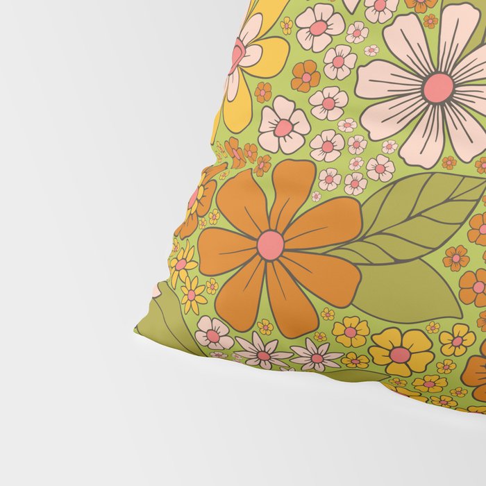 1960s, 1970s Retro Floral in Green, Pink & Orange - Flower Power Pillow Sham Gallery Image 4