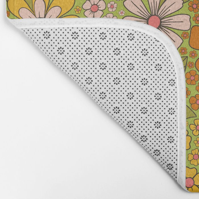 1960s, 1970s Retro Floral in Green, Pink & Orange - Flower Power Bath Mat Gallery Image 2
