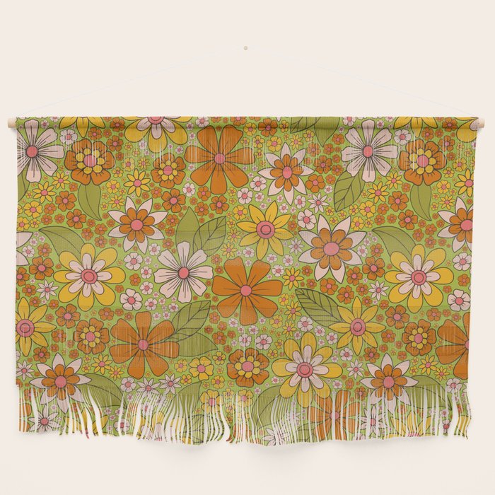 1960s, 1970s Retro Floral in Green, Pink & Orange - Flower Power Wall Hanging Gallery Image 1
