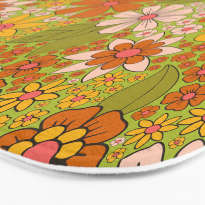 1960s, 1970s Retro Floral in Green, Pink & Orange - Flower Power Bath Mat Gallery Image 3