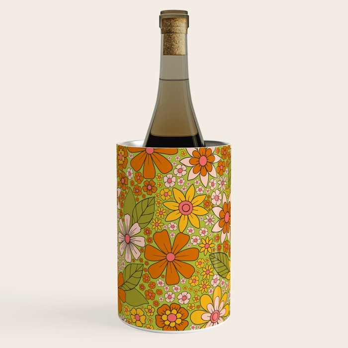 1960s, 1970s Retro Floral in Green, Pink & Orange - Flower Power Wine Chiller Gallery Image 1