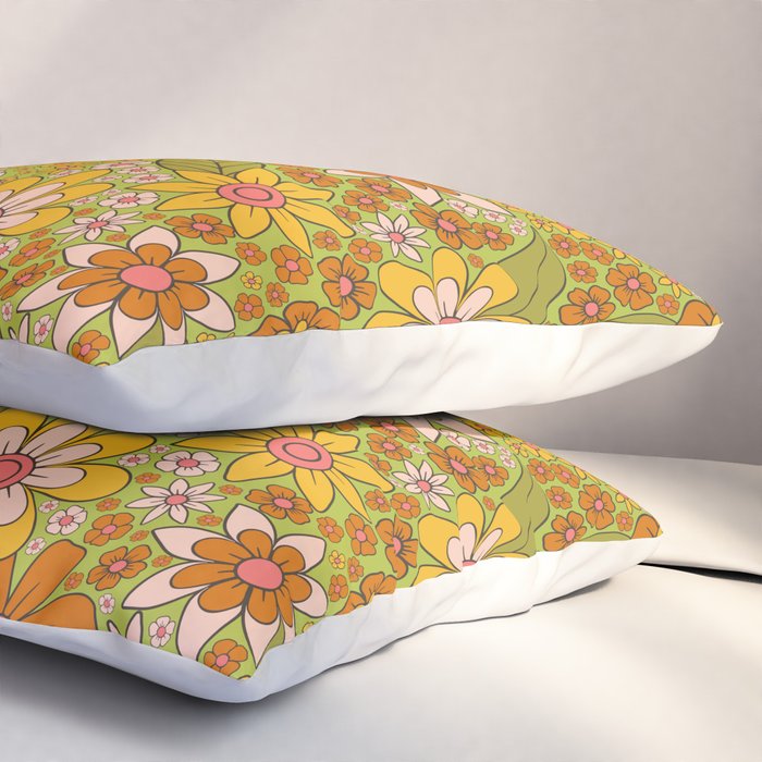 1960s, 1970s Retro Floral in Green, Pink & Orange - Flower Power Pillow Sham Gallery Image 3