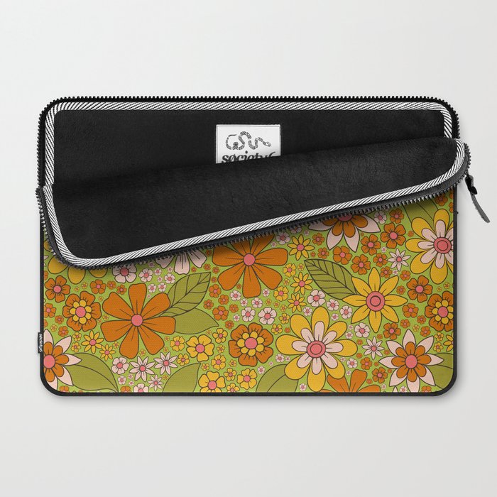 1960s, 1970s Retro Floral in Green, Pink & Orange - Flower Power Laptop Sleeve Gallery Image 2