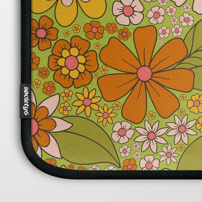1960s, 1970s Retro Floral in Green, Pink & Orange - Flower Power Laptop Sleeve Gallery Image 3
