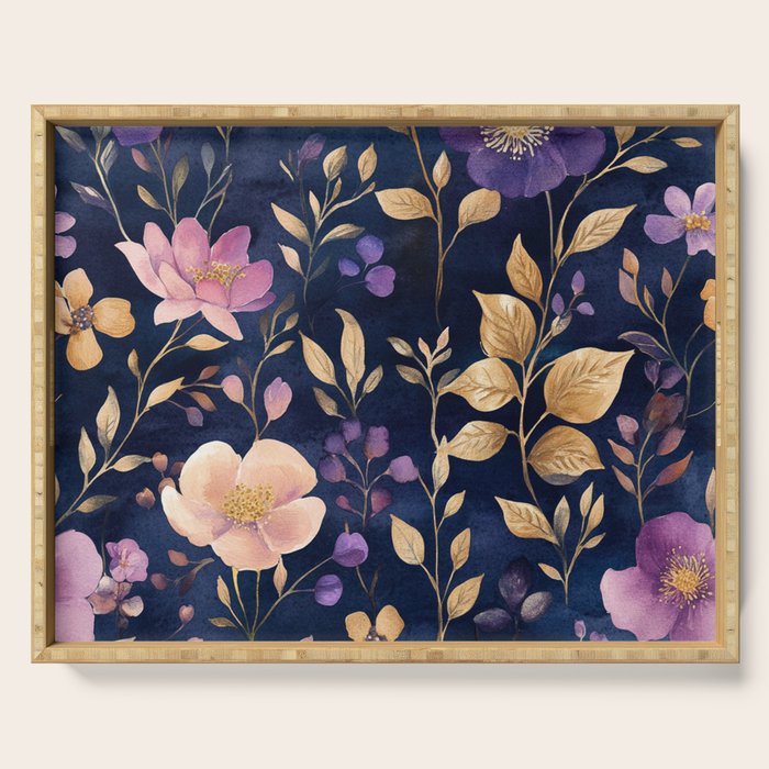Night Garden Purple Pink Gold Watercolor Flowers and Leaves All Over Serving Tray Gallery Image 1