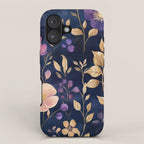 Night Garden Purple Pink Gold Watercolor Flowers and Leaves All Over iPhone Case Gallery Image 1