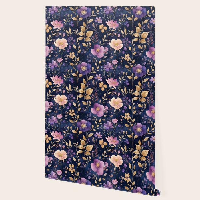 Night Garden Purple Pink Gold Watercolor Flowers and Leaves All Over Wallpaper Gallery Image 2
