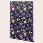 Night Garden Purple Pink Gold Watercolor Flowers and Leaves All Over Wallpaper Gallery Image 2