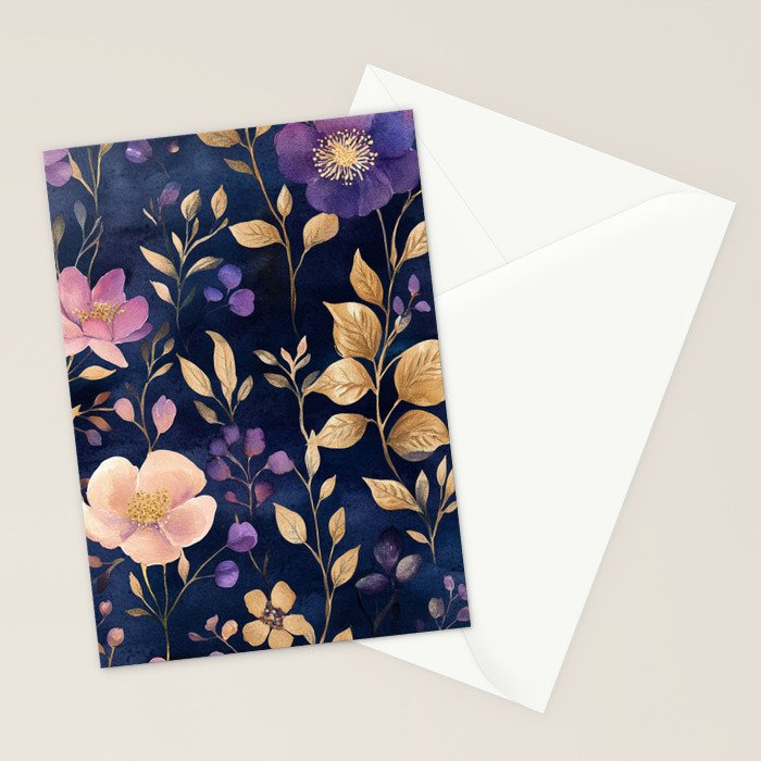 Night Garden Purple Pink Gold Watercolor Flowers and Leaves All Over Stationery Card Gallery Image 2