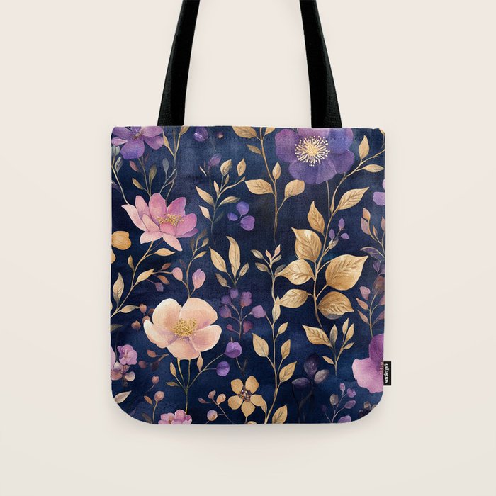 Night Garden Purple Pink Gold Watercolor Flowers and Leaves All Over Tote Bag Gallery Image 1