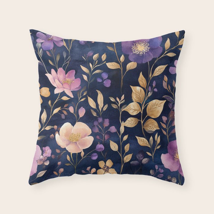 Night Garden Purple Pink Gold Watercolor Flowers and Leaves All Over Throw Pillow Gallery Image 1