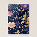 Night Garden Purple Pink Gold Watercolor Flowers and Leaves All Over Stationery Card Gallery Image 2