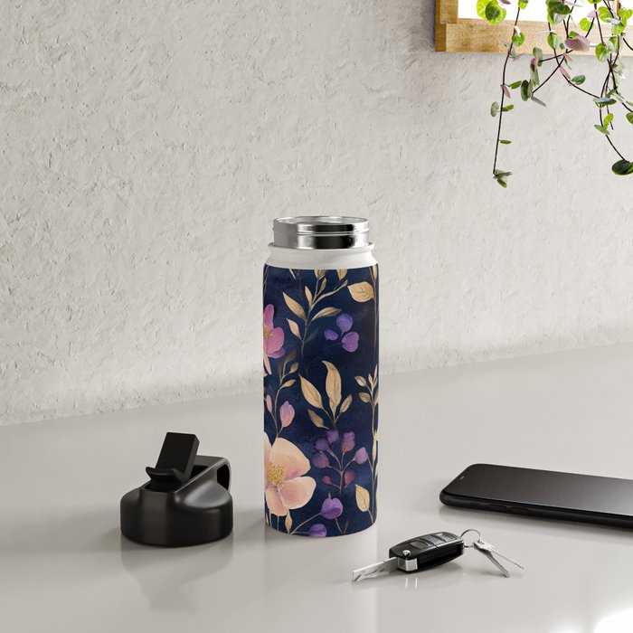 Night Garden Purple Pink Gold Watercolor Flowers and Leaves All Over Water Bottle Gallery Image 4