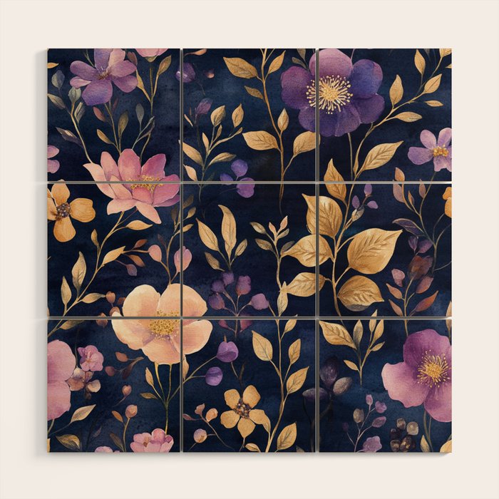 Night Garden Purple Pink Gold Watercolor Flowers and Leaves All Over Wood Wall Art Gallery Image 1