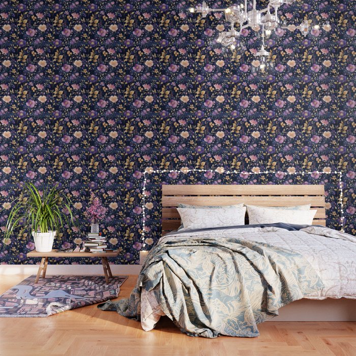 Night Garden Purple Pink Gold Watercolor Flowers and Leaves All Over Wallpaper Gallery Image 3
