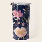 Night Garden Purple Pink Gold Watercolor Flowers and Leaves All Over Travel Mug Gallery Image 3