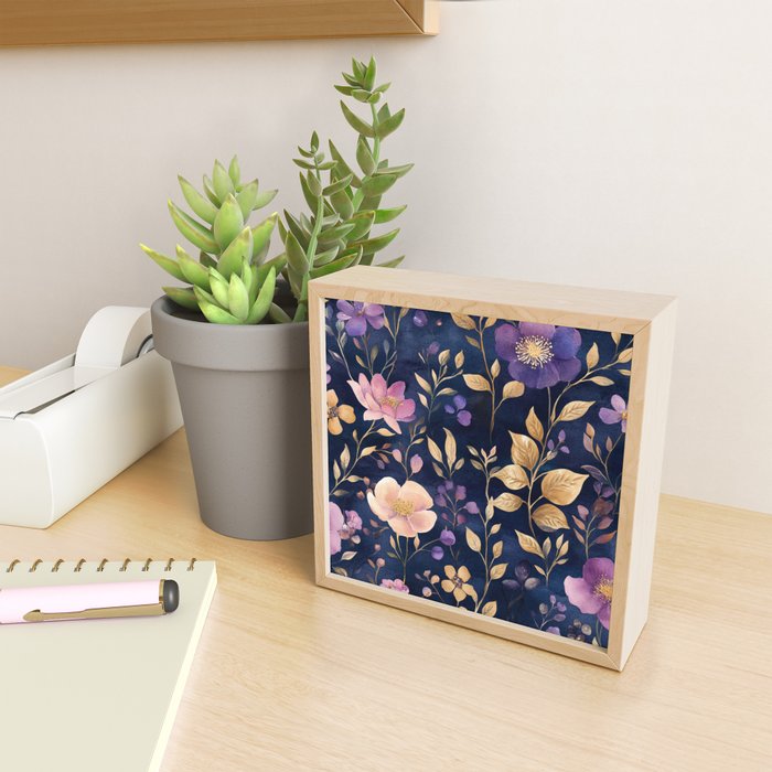 Night Garden Purple Pink Gold Watercolor Flowers and Leaves All Over Mini Art Print Gallery Image 2