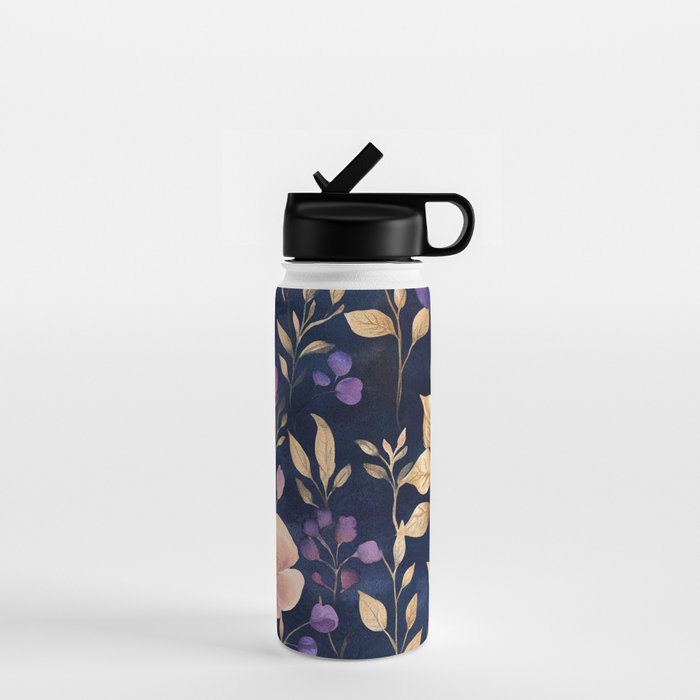 Night Garden Purple Pink Gold Watercolor Flowers and Leaves All Over Water Bottle Gallery Image 1