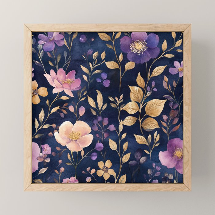Night Garden Purple Pink Gold Watercolor Flowers and Leaves All Over Mini Art Print Gallery Image 1