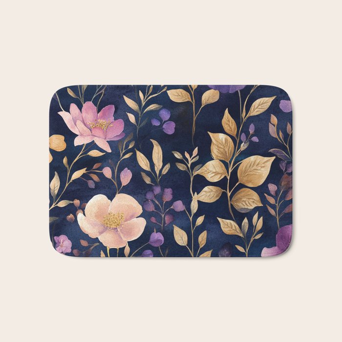Night Garden Purple Pink Gold Watercolor Flowers and Leaves All Over Bath Mat Gallery Image 1