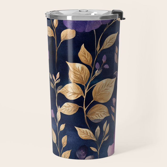Night Garden Purple Pink Gold Watercolor Flowers and Leaves All Over Travel Mug Gallery Image 2